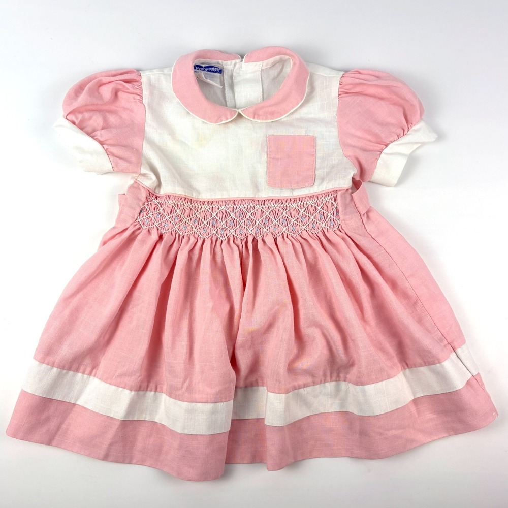 VTG Polly‎ Flinders Dress 3T Pink White Smocked Embroidered Puff Sleeves Pocket